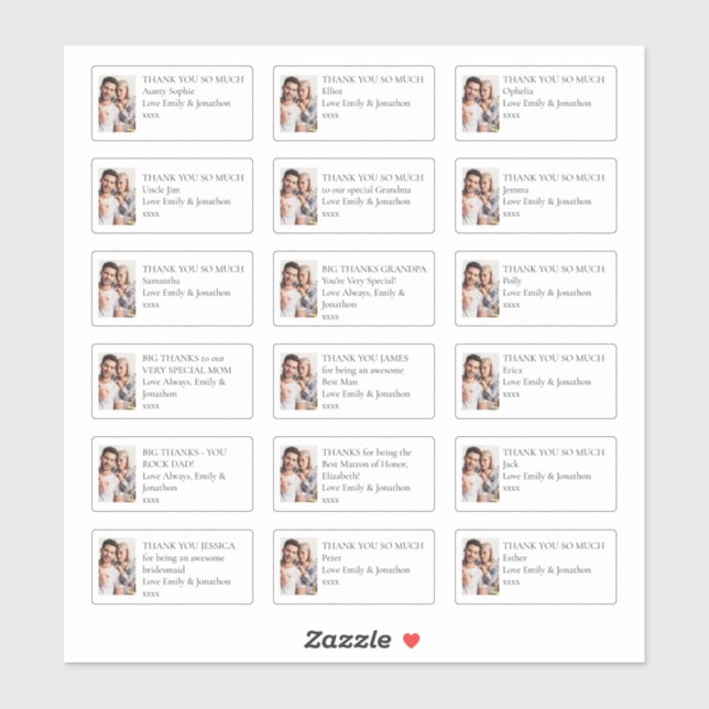 Pegatina Foto 18 Destinatarios individuales Gracias Boda (Hoja)