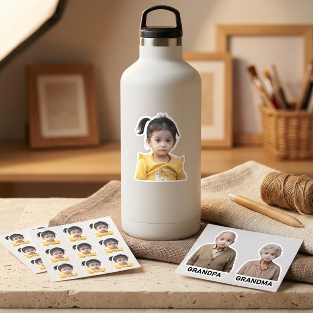 Pegatina Foto Divertida Cara de Bebé Personalizada Abuelo A (Funny Baby Face Custom Photo Swap Personalized Novelty Stickers)