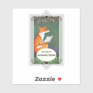 Pegatina Fox de estilo Art Nouveau leyendo una placa de lib