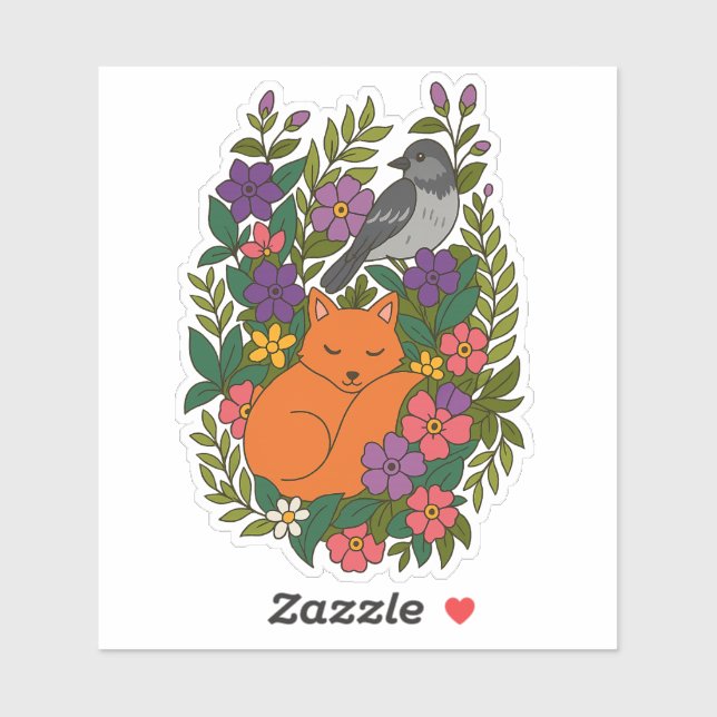Pegatina Fox, paloma y flores (Hoja)