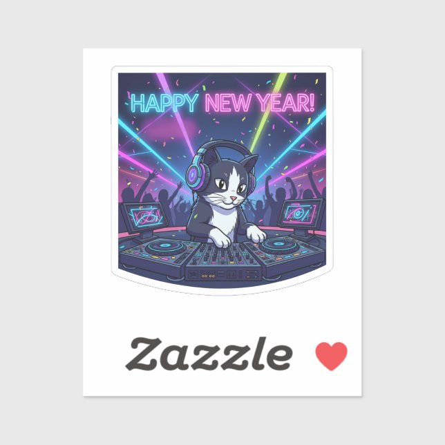 Pegatina Fun Neon DJ Party Cat Music Vibe New Year  (Hoja)