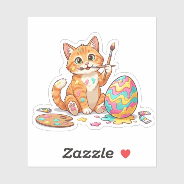 Pegatina Funny Artist Cat Painting Easter Egg Messy Sticker (Hoja)