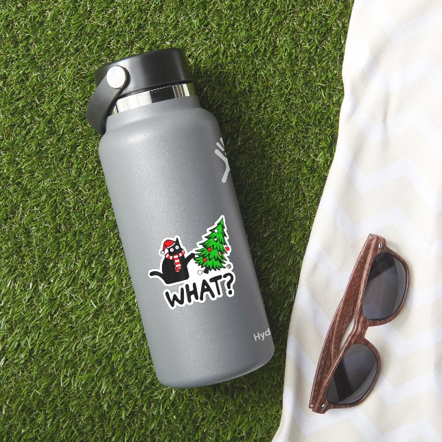 Pegatina Funny Black Cat Gift Pushing Christmas Tree Over C (HydroFlask Insitu)