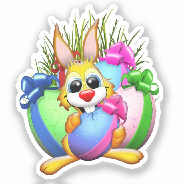 Pegatina Funny Bunny biting an Easter Egg (Anverso)