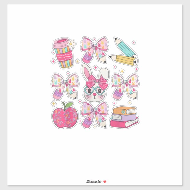 Pegatina Funny Bunny Coquette Bow Rabbit Teacher Easter Ret (Hoja)