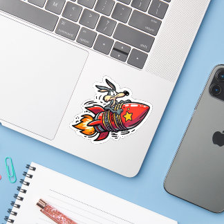 Pegatina Funny Cartoon Wolf on Rocket Sticker - Retro Acme 