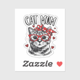 Pegatina Funny Cat Mom with Glasses & Bandana Cute Cat 