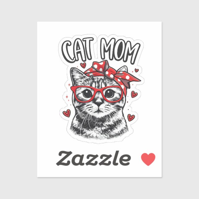 Pegatina Funny Cat Mom with Glasses & Bandana Cute Cat  (Hoja)