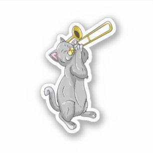Pegatina Funny Cat Playing Trombone Gift Cool Kitten Musici