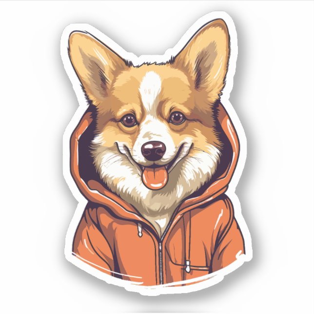 Pegatina Funny Corgi Usando Hoodie (Anverso)
