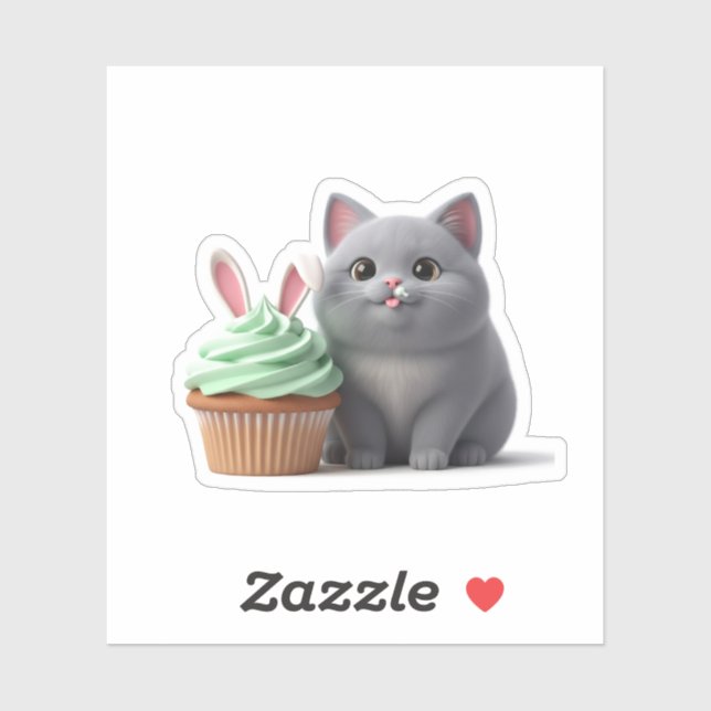 Pegatina Funny Foodie Cat Eating Easter Bunny Cupcake  (Hoja)