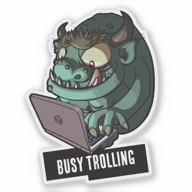 Pegatina Funny Green Troll Busy Trolling On Laptop Cartoon (Anverso)
