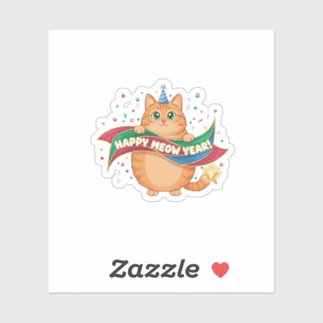 Pegatina Funny "Happy Meow Year" Cat Pun Festive Confetti (Hoja)