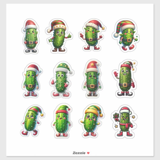 Pegatina Funny Holiday Pickles in Santa Hats (Hoja)