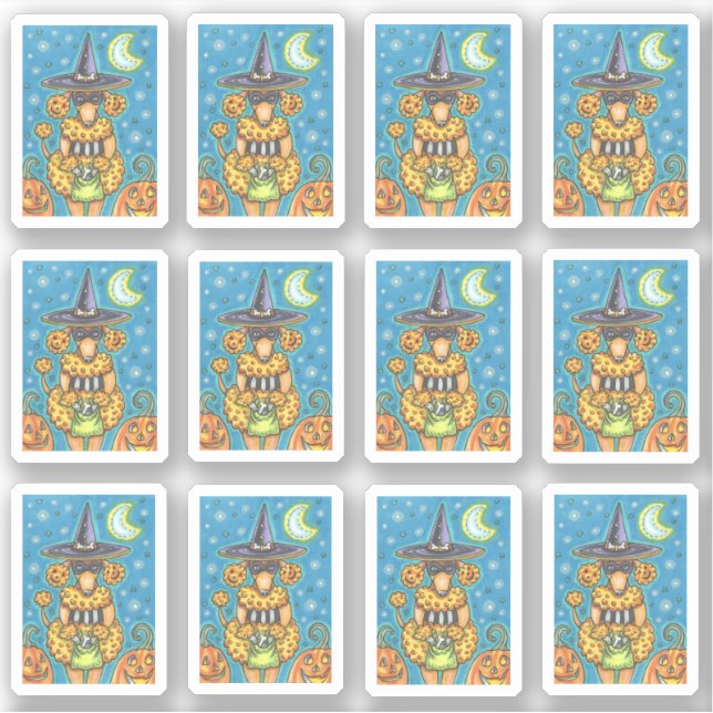 PEGATINA FUNNY PUMPKIN POODLE EN HALLOWEEN WITCH COSTUME (Anverso)