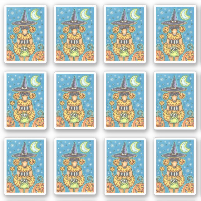 PEGATINA FUNNY PUMPKIN POODLE EN HALLOWEEN WITCH COSTUME (Anverso)