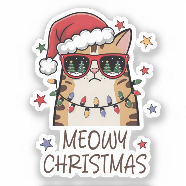 Pegatina Funny Santa Cat “Meowy Christmas” Vinyl Sticker  (Anverso)
