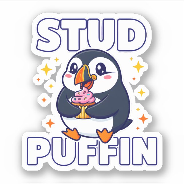 Pegatina Funny Stud Puffin Cute Bird Cupcake Pun Graphic (Anverso)