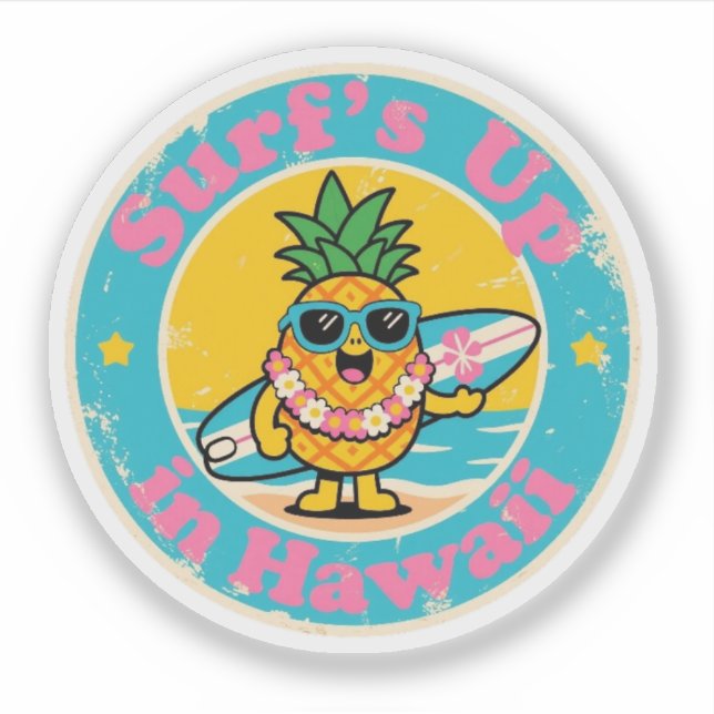 Pegatina Funny Vintage Hawaii Pineapple Surfing Retro (Anverso)