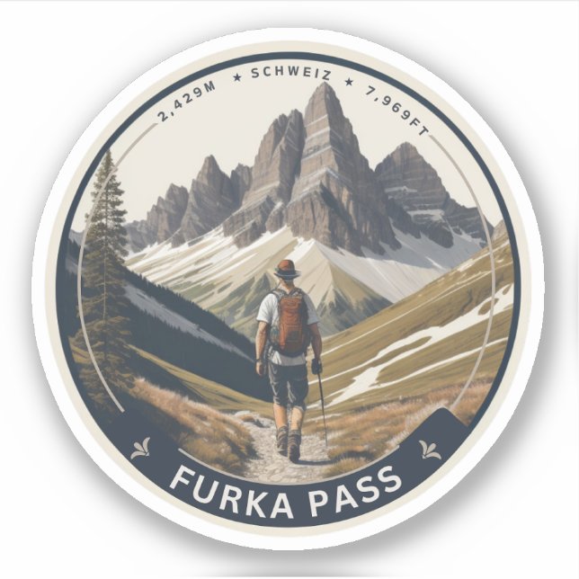 Pegatina furka pass travesía senderismo suiza ruta alpina (Anverso)