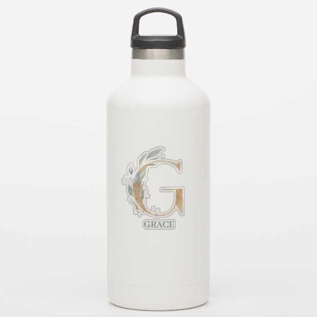 Pegatina G Monograma Floral Personalizado (Botella de agua)