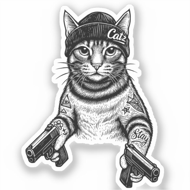 Pegatina Gangster Cat Tattoo Art | Cool Streetwear Kitty (Anverso)