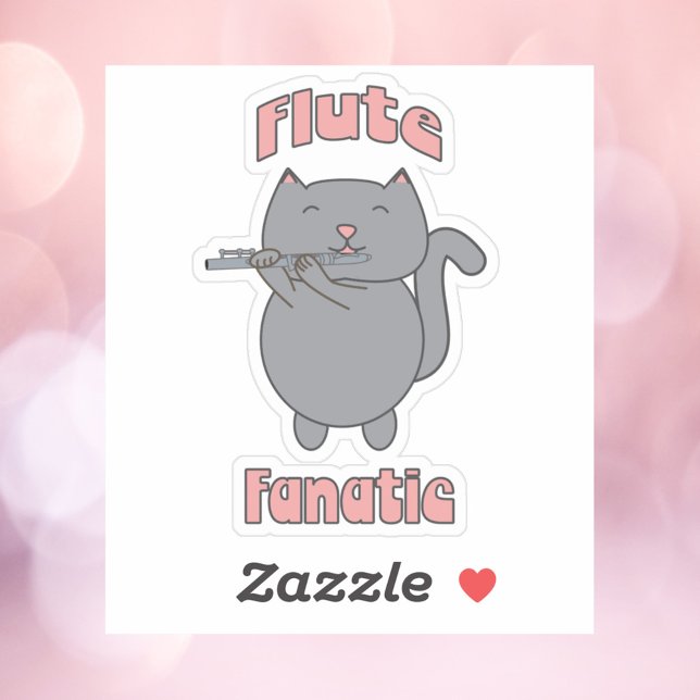 Pegatina Gata gris rosa fanática de la flauta (A sticker featuring a gray cat playing the flute and the words flute fanatic.)