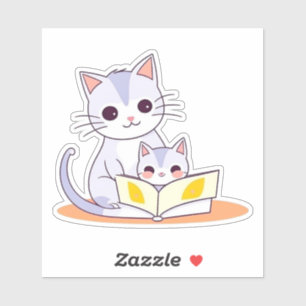 Pegatina Gata Madre Leyendo a su Gatito