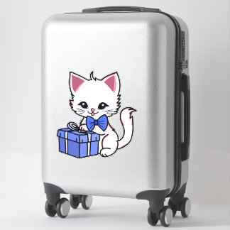 Pegatina Gatito Blanco Adorable con Regalo Azul