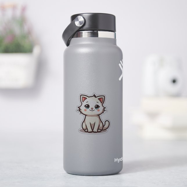 Pegatina Gatito Blanco Juguetón – Sticker Chibi (hidrofrasco)