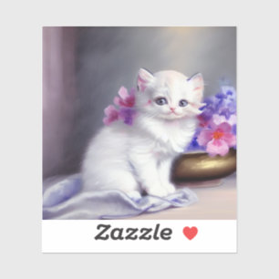 Pegatina Gatito blanco vintage con flores rosadas y moradas