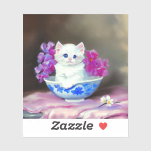Pegatina Gatito blanco vintage con flores rosas