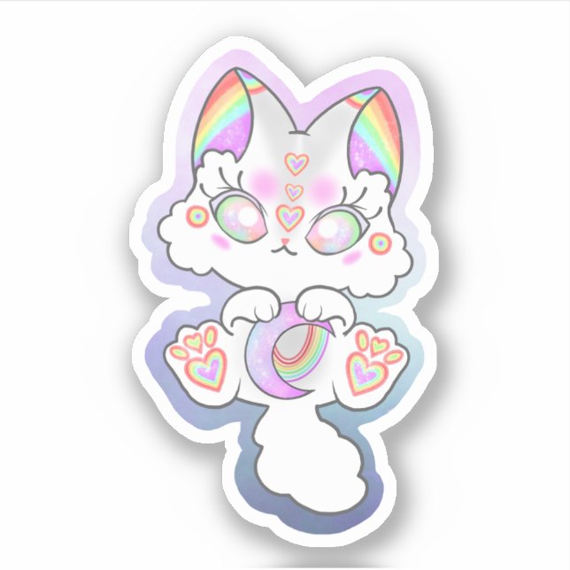Pegatina gatito de nubes de arco iris lunar (Anverso)