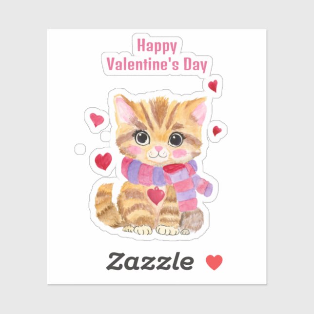 Pegatina Gatito de San Valentín acuarela (Hoja)