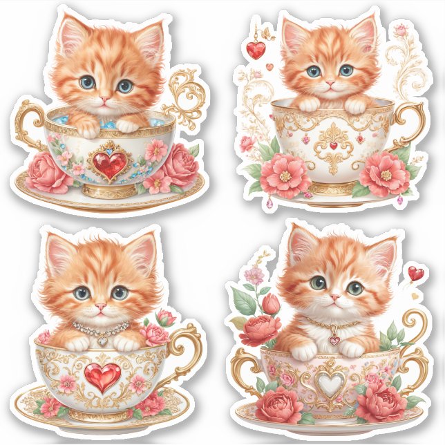 Pegatina Gatito Elegante en Taza de Té Stickers -  Diseño F (Anverso)