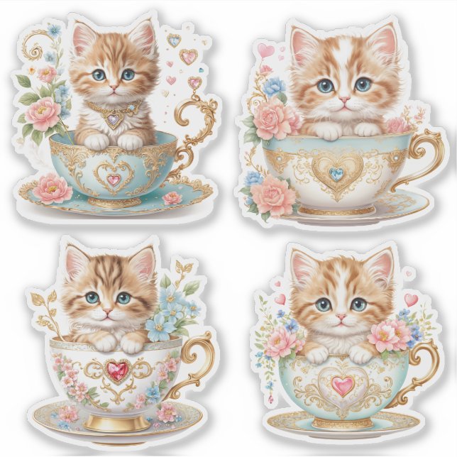 Pegatina Gatito Elegante en Taza de Té Stickers -  Diseño F (Anverso)