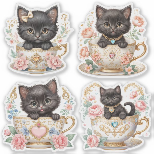 Pegatina Gatito Elegante en Taza de Té Stickers -  Diseño F (Anverso)