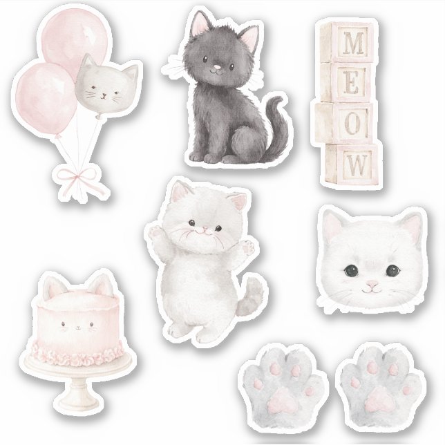 Pegatina Gatito Gato Miau Tarta Globos Patas (Anverso)