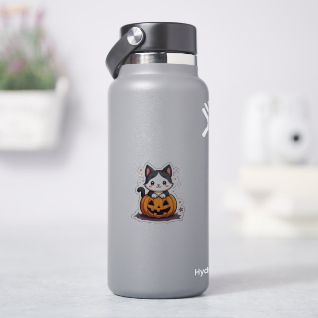 Pegatina Gatito Kawaii Blanco y Negro – Chibi de Halloween (hidrofrasco)