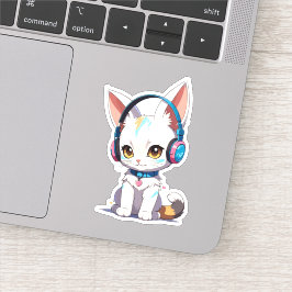 Pegatina Gatito Kawaii con Auriculares Elegantes