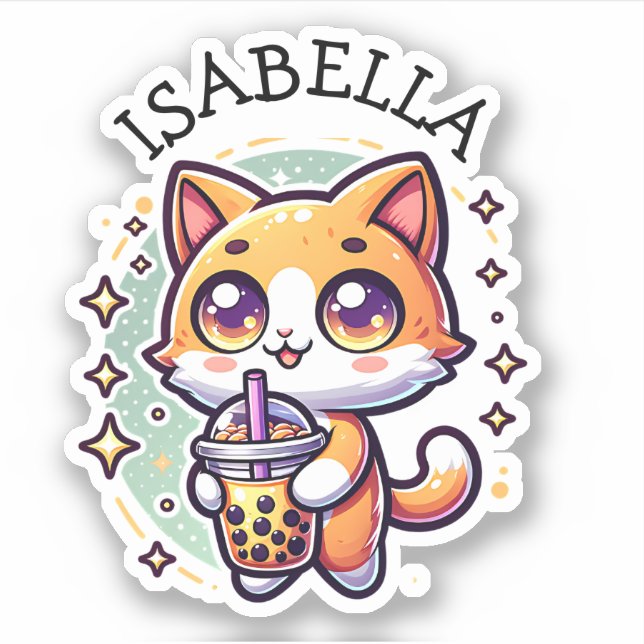Pegatina Gatito kawaii con té de burbuja personalizado (Anverso)