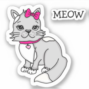 Pegatina Gatito manchado gris y blanco con lazo rosa