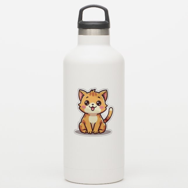 Pegatina Gatito Naranja Juguetón al Estilo Chibi (Botella de agua)