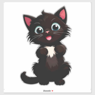 Pegatina Gatito negro lindo dibujo animado con ojos grandes