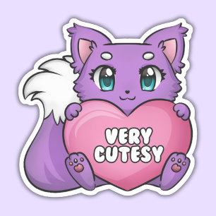 Pegatina Gatito Púrpura Con Corazón, Muy Cortesía Pegatina.