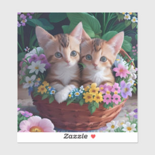 Pegatina Gatitos curiosamente curados en una cesta de flore