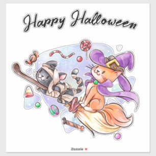 Pegatina Gatitos felices de Halloween montando en un baño