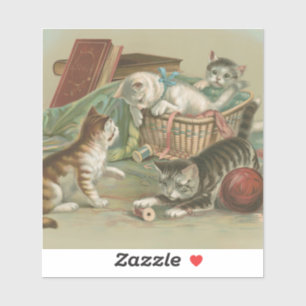 Pegatina Gatitos Victorianos Antiguos Jugando en una Cesta 