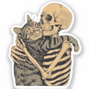 Pegatina Gato abrazando esqueleto – Regalo para amantes de