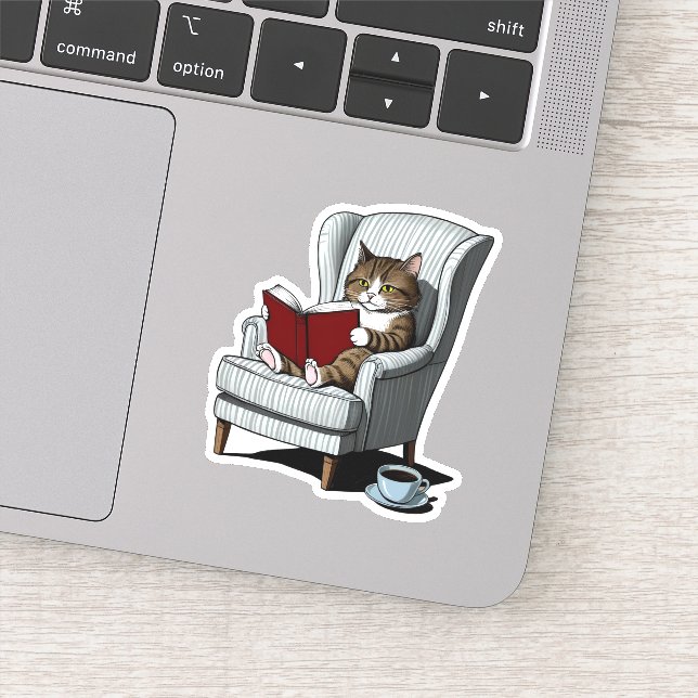 Pegatina Gato acogedor con libro y café (Detalle)